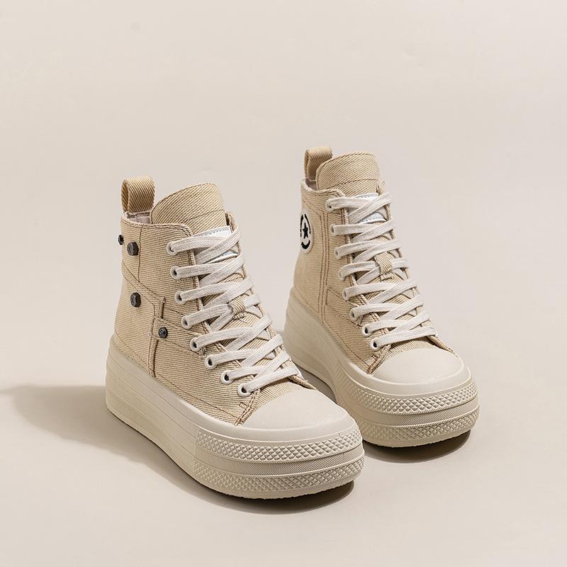 

2025 корейская версия повседневных ботинок Мартин женские парусиновые туфли осень новые на шнуровке короткий голенище ретро квадратный носок дышащие увеличивающие рост 39 слоновая кость