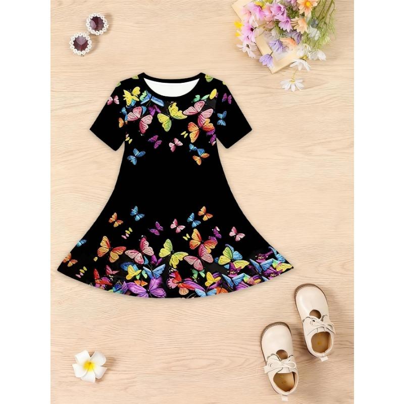 Girls' Short-Sleeve Dress with Unicorn 3D Print - -Line Mid-Length Dress Suitable for Summer &