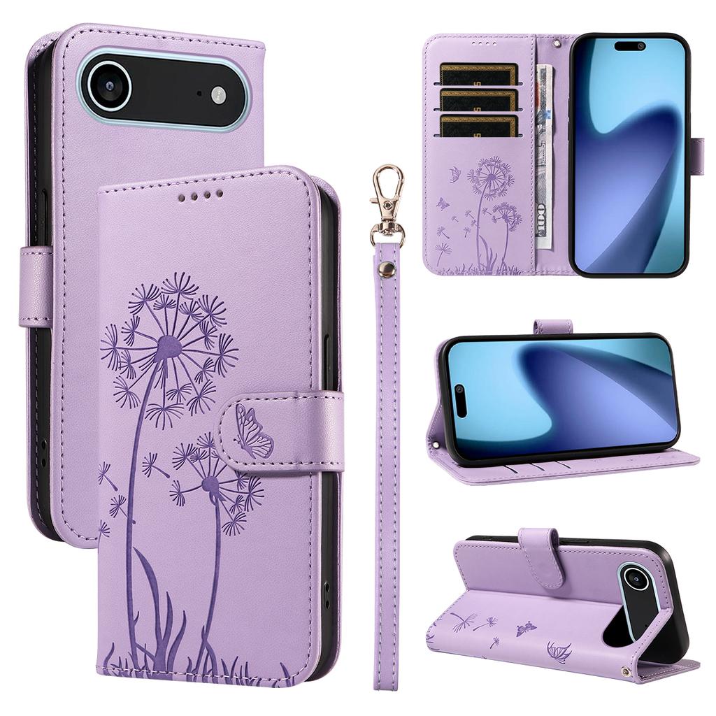 For iPhone 17 Air Leather Wallet Case with Strap Dandelion Imprint Phone Stand Cover