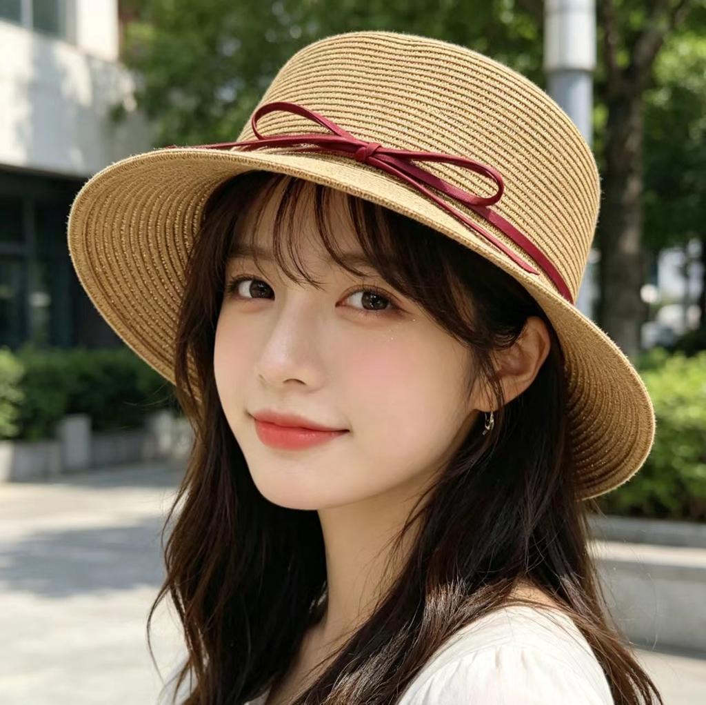 Seaside Vacation Idyllic Style Flat-brimmed Bow Women's Summer Travel Sunshade Sunscreen Hat, Straw-woven Elegant Top Hat