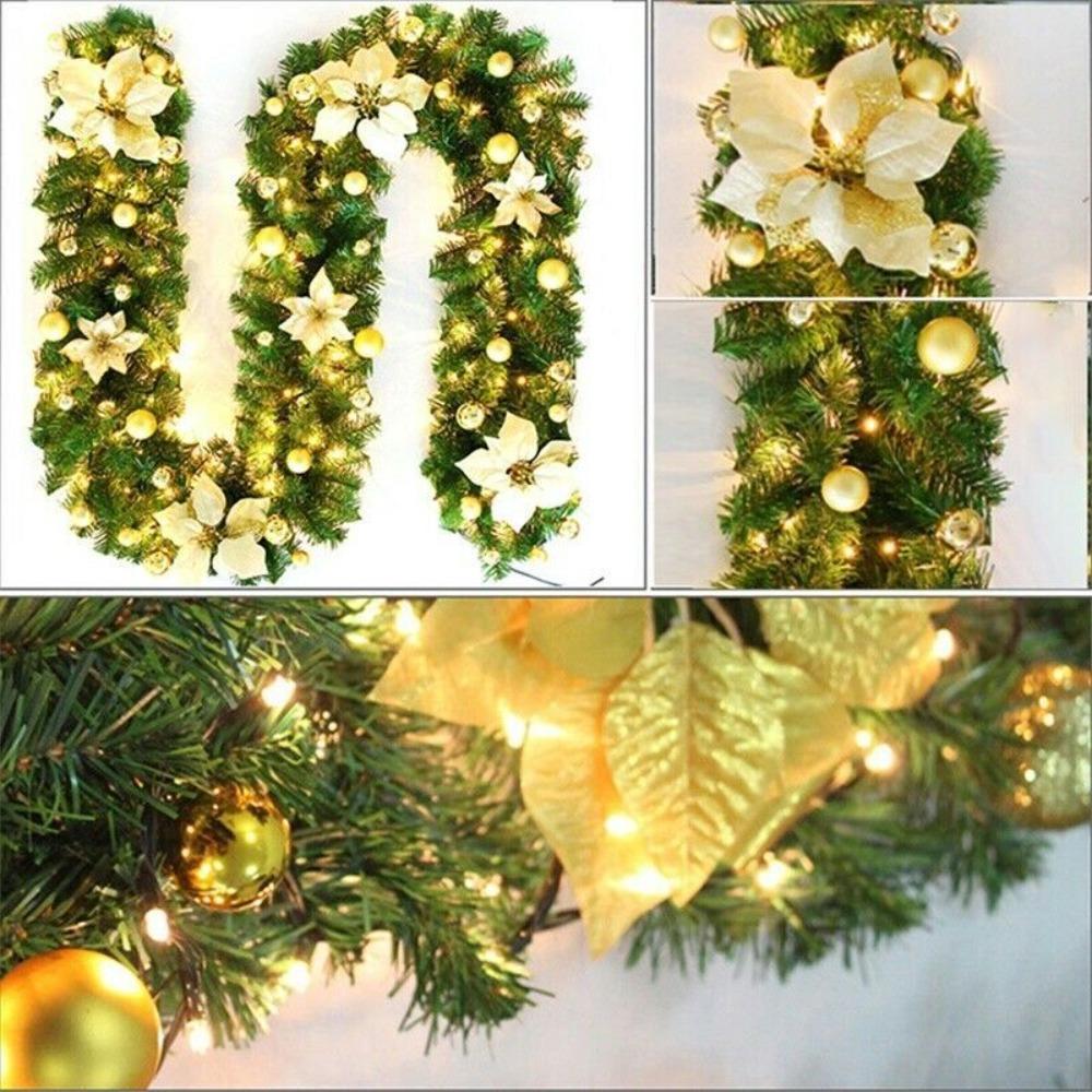 2.7M Christmas Garland Door Hanging Xmas Balls Christmas Wreath Artificial Flower with LED Lights Xmas Decorations Rattan