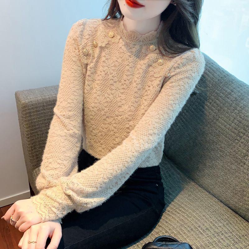 

Шикарная и универсальная кружевная рубашка для женщин, нижняя рубашка с полувысоким воротником, модный топ XXXL хаки