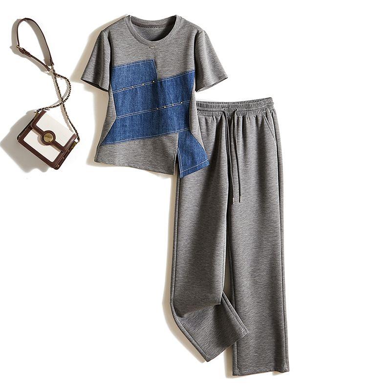 

Модный костюм в девичьем стиле колор-блок! Женская спортивная хлопковая футболка с короткими рукавами и круглым вырезом, в цветовой гамме + Длинные микро широкие брюки на шнурке Grey XL