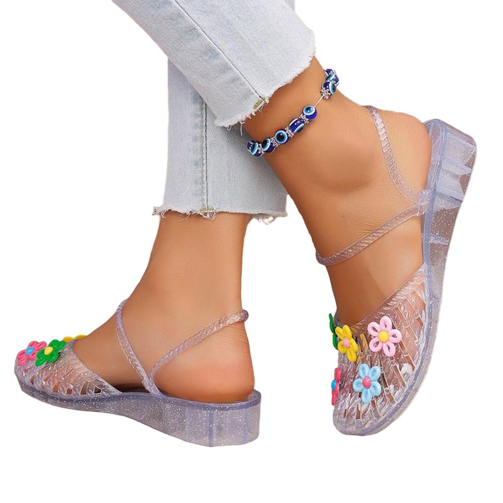 Summer Women Flat Transparent Jelly Sandals Open Toe Crystal Slip On Casual Beach Shoes