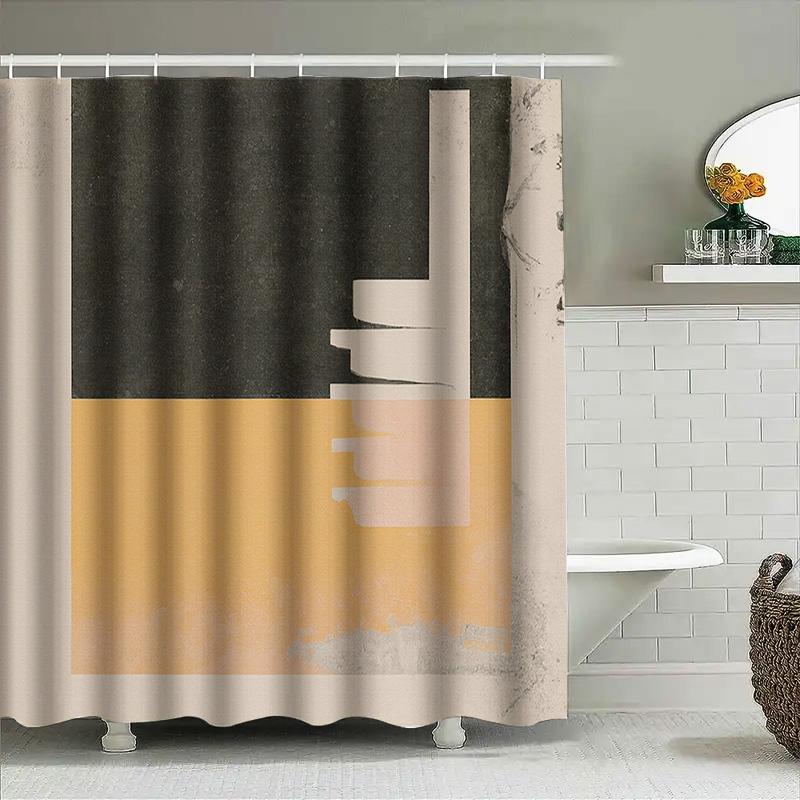 Modern Black And Gold Bathroom Shower Curtain Set Decor With Abstract Geometric Design White Bath Tub Background Home Decoration