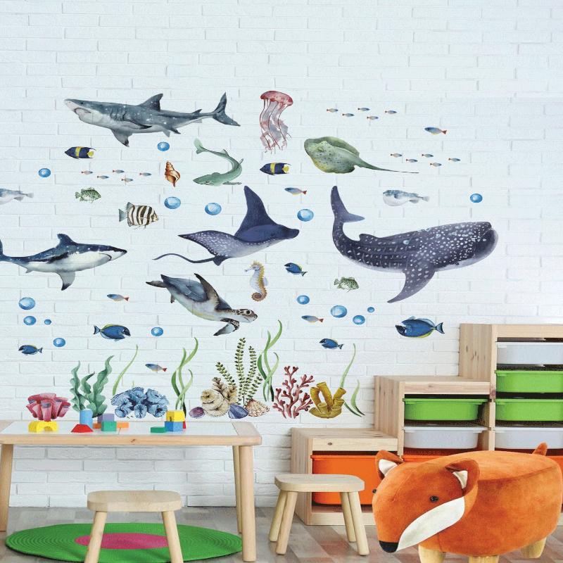 Watercolor Sharks Ocean Wall Stickers Ocean Animal Fish Marine Life Wall Sticker Baby Nursery Kids Room Play Room Decor