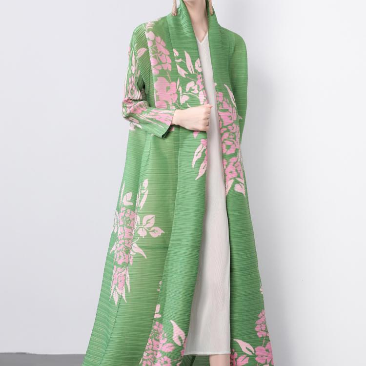 Spring Autumn Women Print Long Maxi Elastic Lace-up Coat Robe