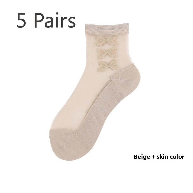 5 Pairs Fashion Transparent Socks Bow Floral Transparent Silk Socks Crystal Silk Socks for Women