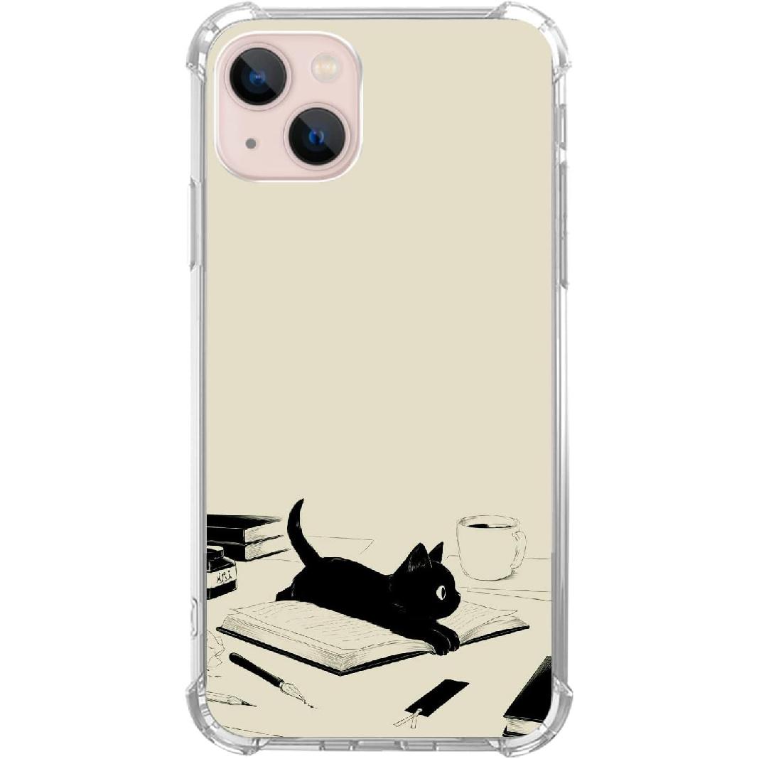 Black Cat and Books Case Compatible with iPhone 14, Cute Black Cat Case for iPhone 14 for Teens Men and Women, Cool TPU Bumper Phone Case Cover