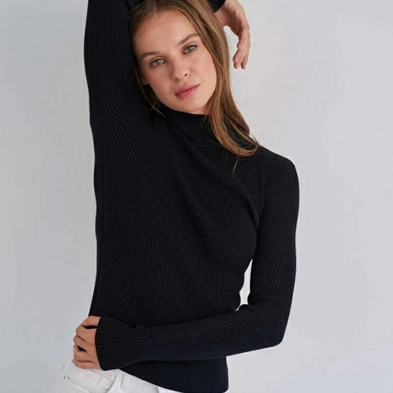 

Женский осенне-зимний однотонный свитер с высоким воротником и длинными рукавами, облегающие вязаные топы One Size чёрный