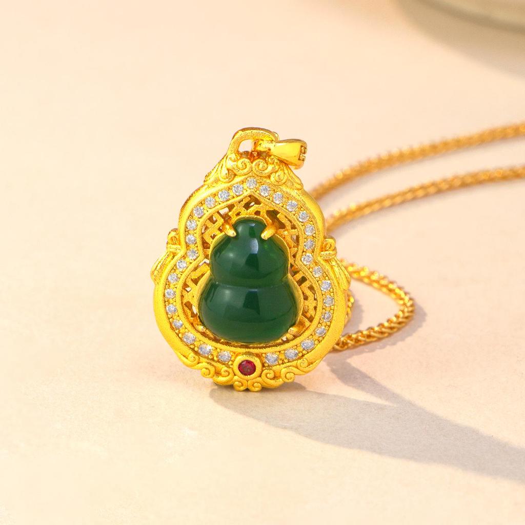 Forbidden City Series Rhinestone Jade Gourd Pendant - Exquisite Court Style Necklace for Women