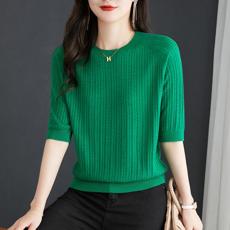 Spring and Summer Medium-sleeved Knitted Sweater Women's Thin Early Autumn New Loose Twist Bottomed Sweater Top