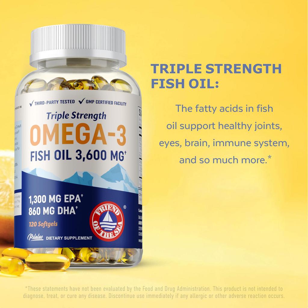 Triple Strength Omega 3 Fish Oil 3600 Mg Rich In EPA and DHA, Cardiovascular Health, Brain Function, Immune Support