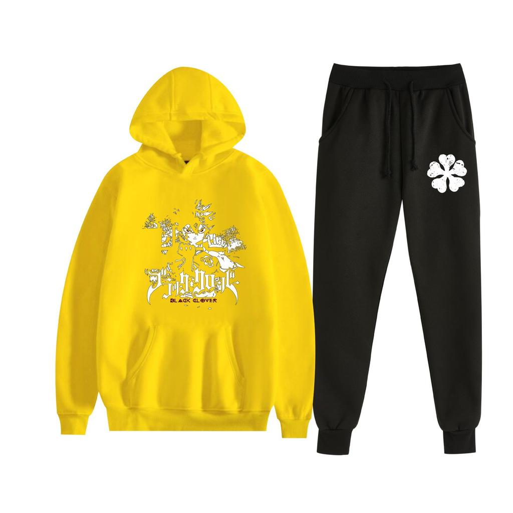 Europe, America, Autumn and Winter Black Four-leaf Clover Peripheral Two-dimensional Men's and Women's Leisure Sports Fleece Hooded Sweater Set 