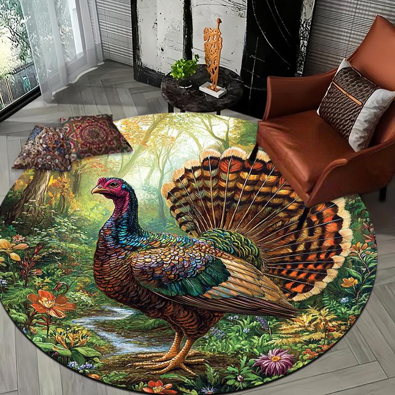 Forest Turkey Theme Flannel-printed round floor mats are slip-resistant Suitable for living room bedroom terrace garden carpets