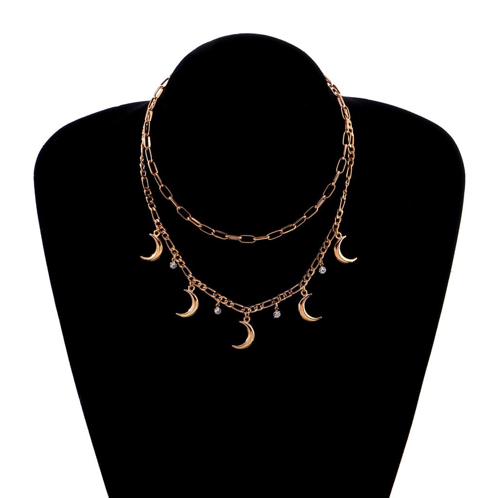 Europe, America, Geometric Metal Crescent Rhinestone Pendant Necklace Women's Fashion Trendy Multi-layer Sweater Necklace