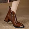 Fashion Brand Design Metal Chain Ankle Boots Women 2025 Autumn Elegant Square Toe Medium Heel Boots Side Zip Modern Metal Toe Booties