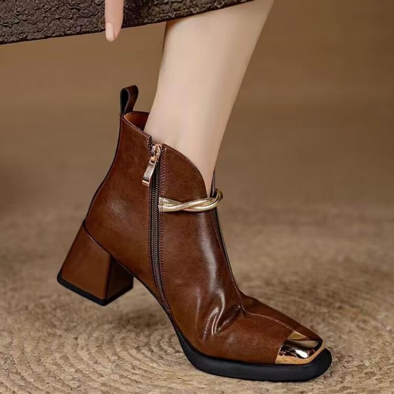 Fashion Brand Design Metal Chain Ankle Boots Women 2025 Autumn Elegant Square Toe Medium Heel Boots Side Zip Modern Metal Toe Booties