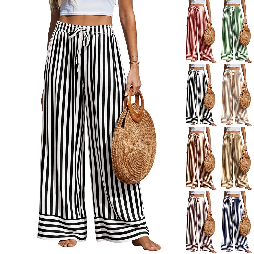 Pantaloni Larghi Estivi a Righe da Donna Vita Elastica Pantaloni Casual con Tasche Leggeri Vestibilità Larga Pantaloni da Spiaggia
