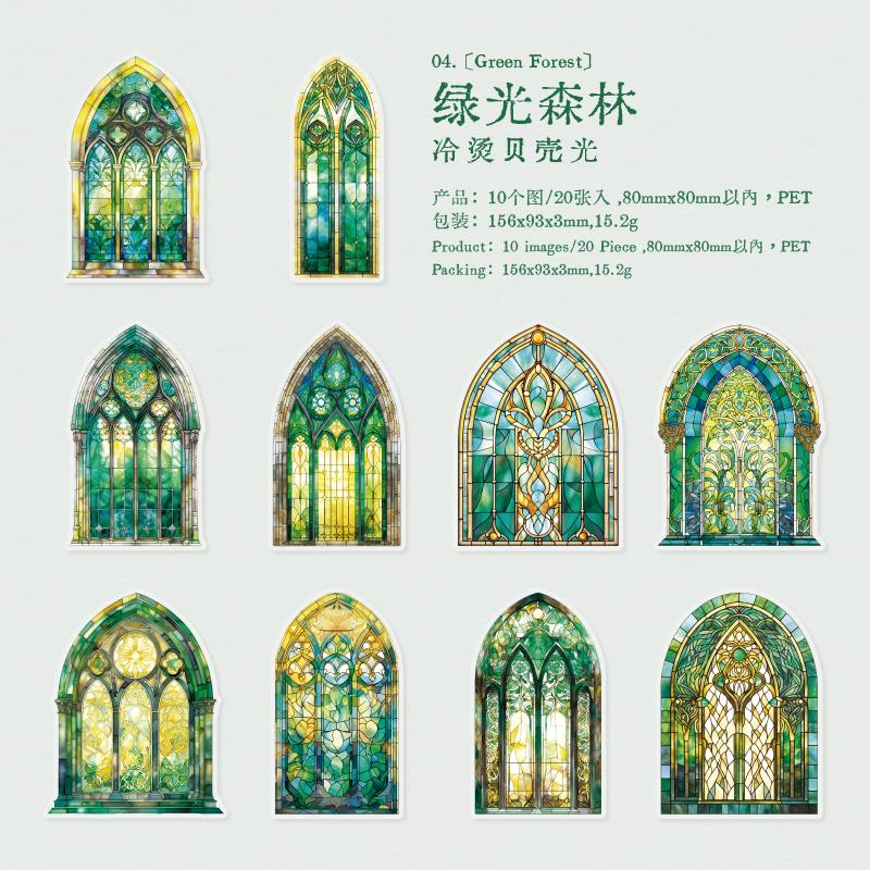 6 style 20pcs Colorful Glass Flower Window Theme Hot Stamping PET Sticker DIY Handmade Materials Scrapbook Background Decoration