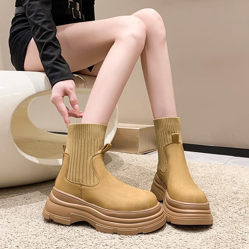 New Style Women's Short Boots Autumn Winter Knitted Slimming Elastic Ankle Boots Woman Height Increasing Casual Platform Shoes