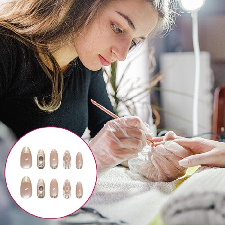 30Pcs Cats Eye Press on Nail Almond Glues on Nail French Fake Nail Designs False Nail Artificial Nail for Women Girls