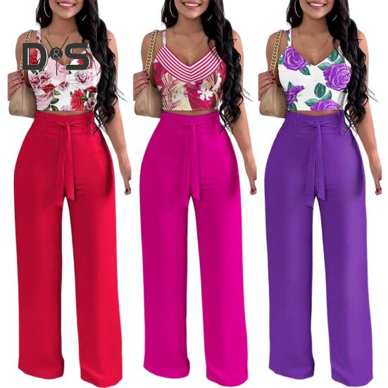 Summer Two Piece Outfits for Women Sleeveless V-neck Halter Tank Top Wide Leg Pants Set Summer Casual Floral Print Matching Suit