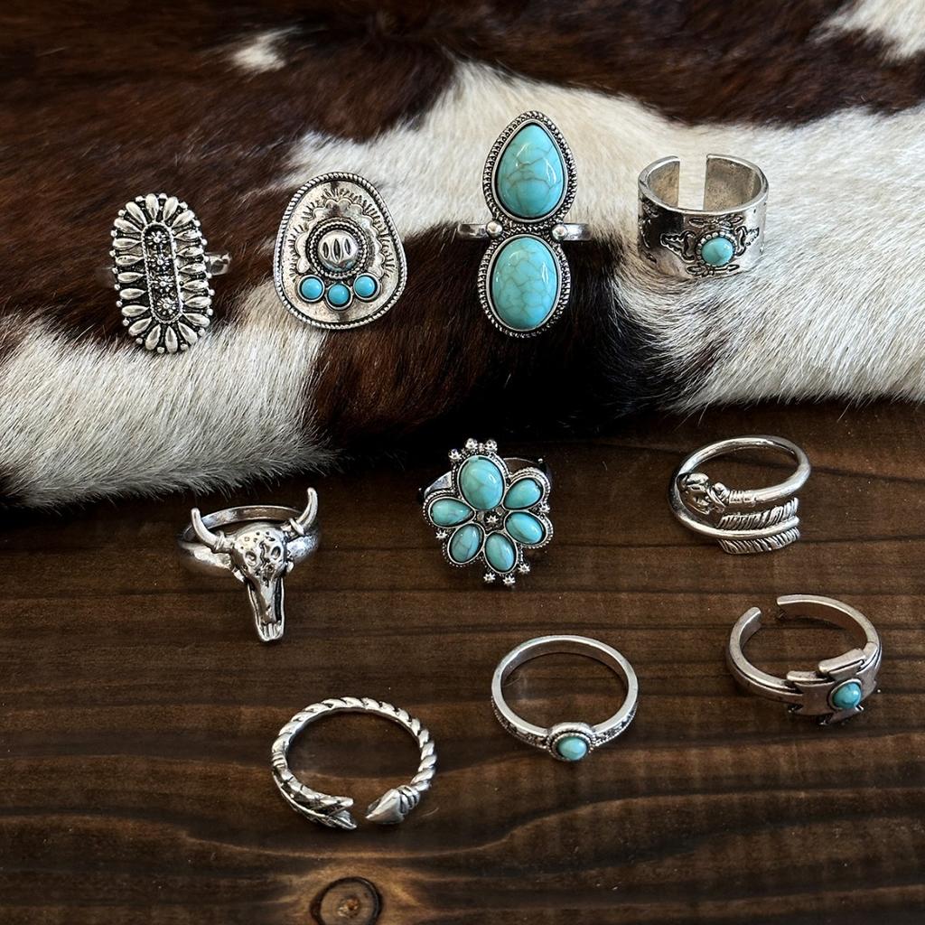 Wind Imitation Turquoise Ring Set, Creative Bull Head Flower Feather Multi-element Turquoise Ring 10-piece Set for Women