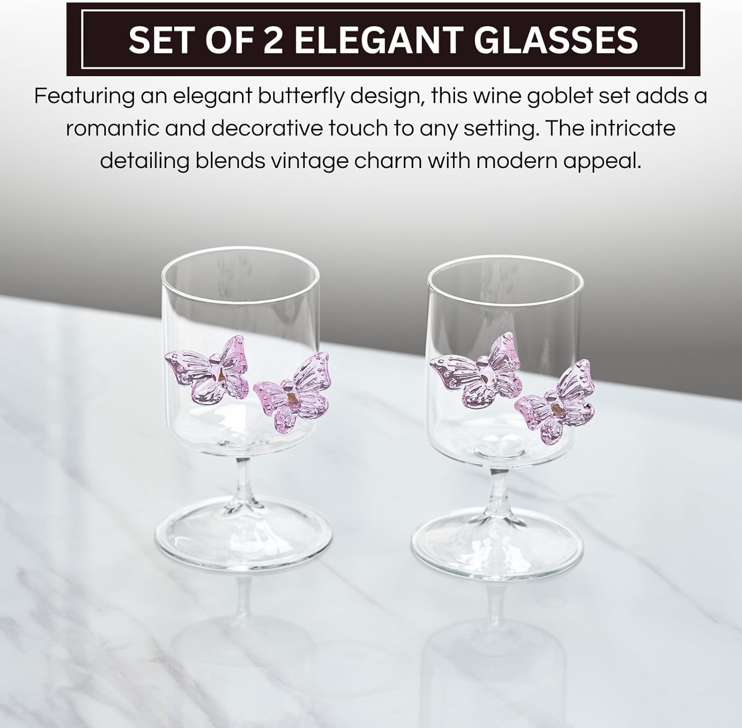Butterfly Wine & Water Glasses 8.45 Oz Clear Stemmed Glasses 3D Pink Butterflies Accents for Cocktails Champagne and Juice Etc.