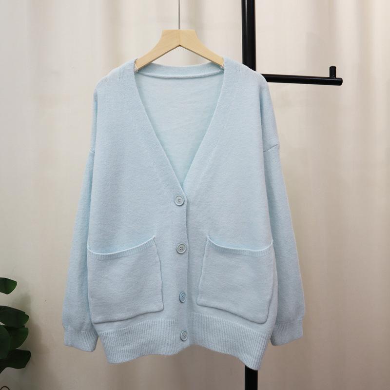 

Серый вязаный кардиган осень и зима новый свободный и тонкий ленивый стиль мягкий восковой темперамент свитер куртка женская One size синий