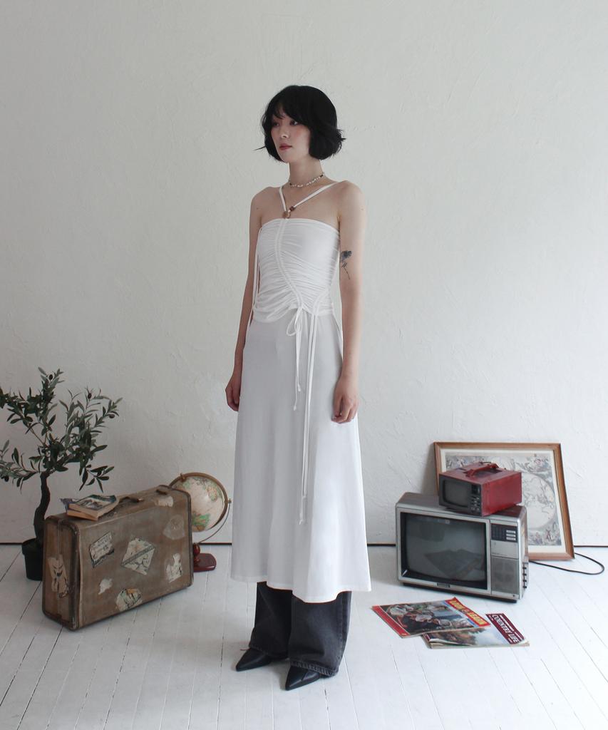 Rubati Shirred Strap Tube Top Dress_White