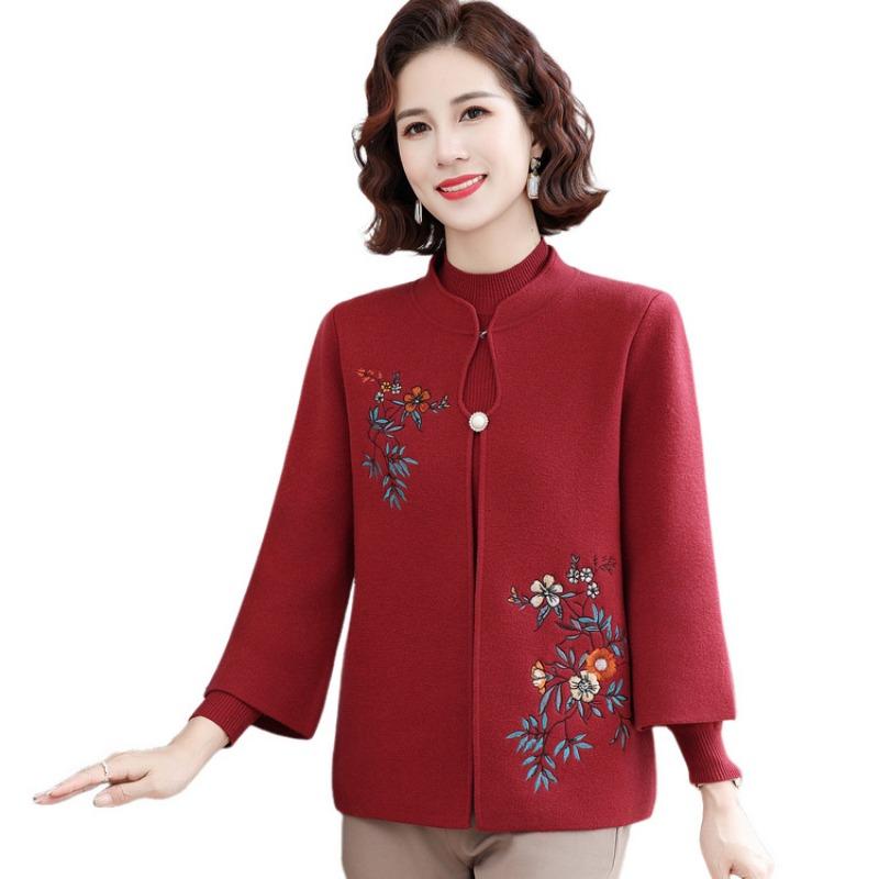 Middle-aged Elderly Autumn Women's Two-piece Suit Mother-in-law Grandmother Sweater Cardigan Old Lady Spring and Autumn Embroidered Coat