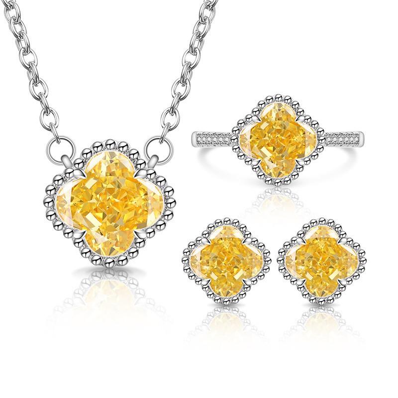 Ice Flower Cut Clover Jewelry Set With High Carbon Zircon Ring Earrings Necklace Pendant Women