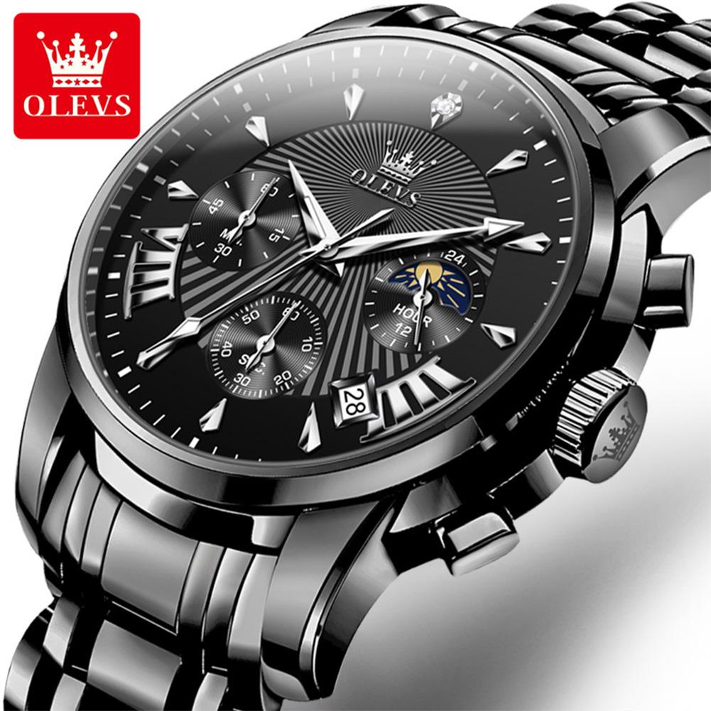 OLEVS Mens Watches Top Brand Luxury Moon Phase 24 Hour Chronograph Quartz Watch Stainless Steel Waterproof Sport Wristwatches