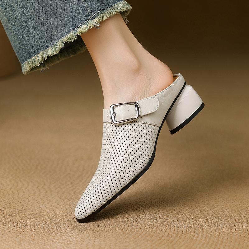 Fashion Summer Women Genuine Leather Shoes for Women Pointed Toe Hollow Out Women Sandals Cover Toe Chunky Heel Women's Mueller Slippers