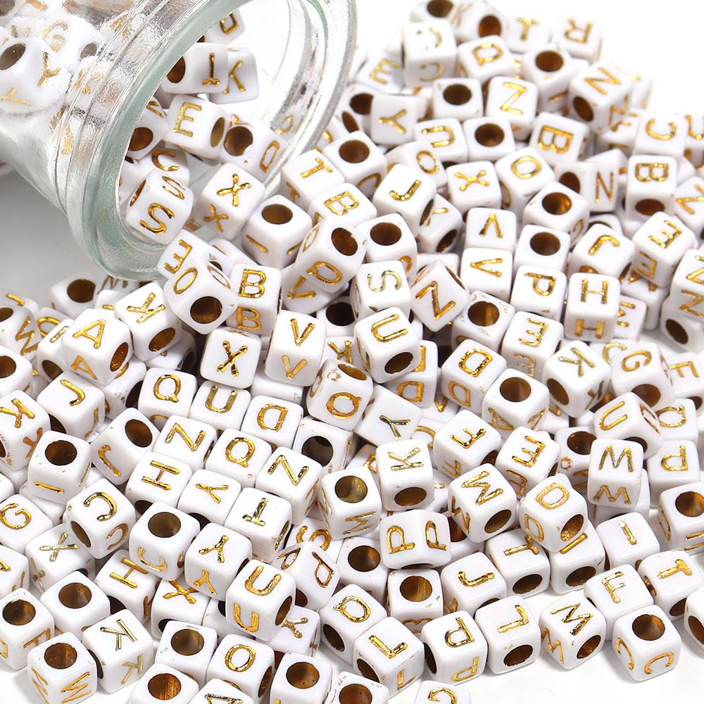 100pcs A-Z Acrylic Letter Square Beads Gold Color 6mm Large Hole Loose Bead for DIY Bracelet Necklace Jewelry Beaded Accessories