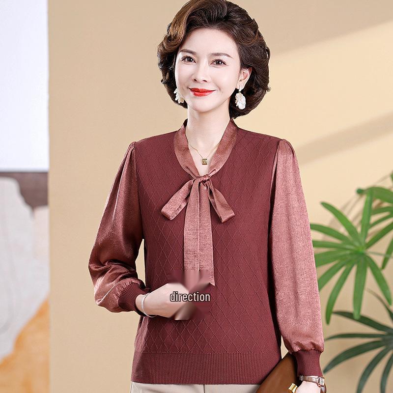 Chic Spring V-Neck Bow Pullover for Mature Women, Lightweight Knit Top for Spring & Autumn