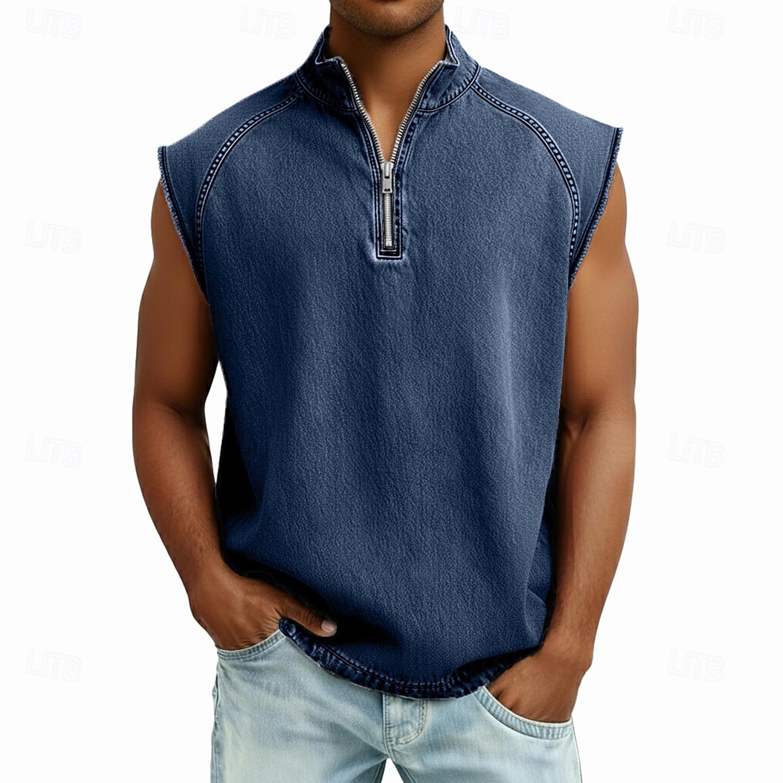 

Men s Sleeveless Zipper Summer And Fashionable Casual Retro- Shirt XXL Темно-синій