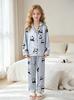 Conjunto de Pijama de Cetim Sedoso com Estampa de Panda para Meninas Pré-adolescentes Camisa de Botão com Lapela Manga Longa e Calça Roupa de Casa Fresca para Primavera Verão Dormir para 8-12A