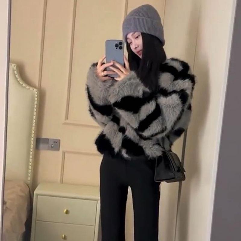 Ebra Pattern Fur Acket Imitation Fox Hair Short Small Fragrant Style Fashion Temperament Plush Cardigan Top