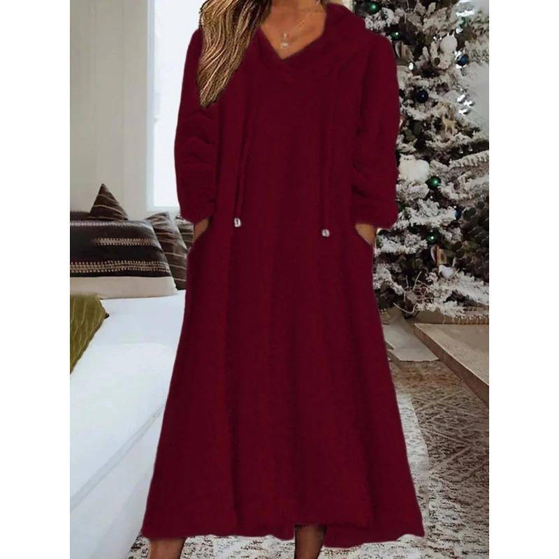 DAFIFY Women's Fashion Fall Winter Solid Color Print Long Sleeve Hooded Loose Waistline Casual Dresses