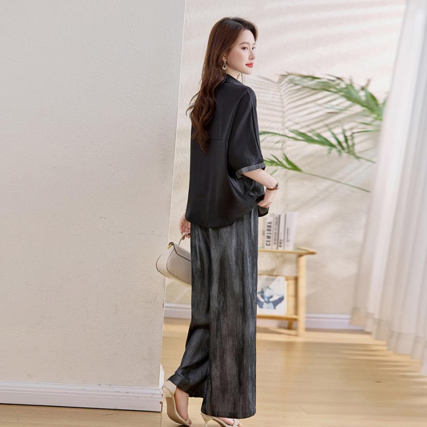 Slack light suit women's summer new personalized contrasting color shirt tie-dye wide-leg pants two-piece set