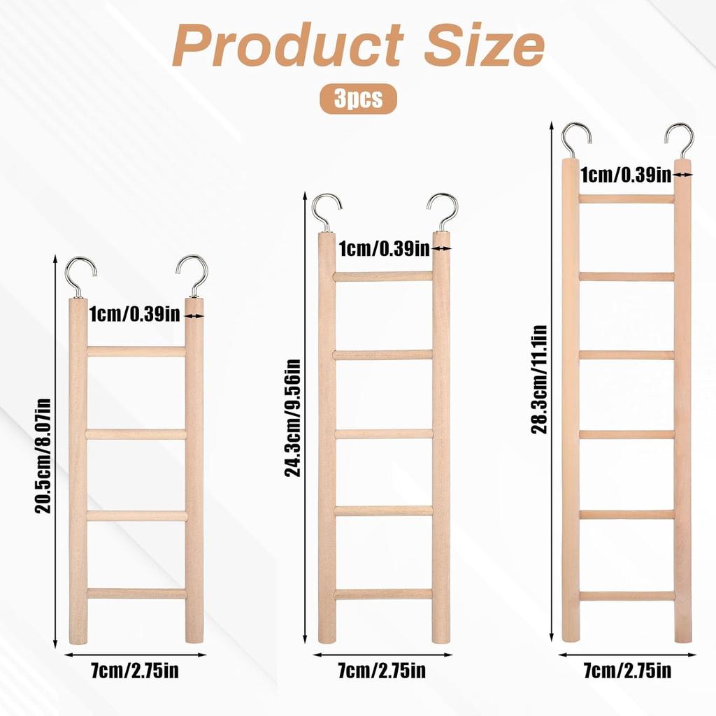 Bird Ladder for Cage, 3 PCS Bird Cage Ladder Wooden Hanging Parrot Wood Step Parakeet Ladders Climbing Small Wooden Ladders for Birds Parakeets