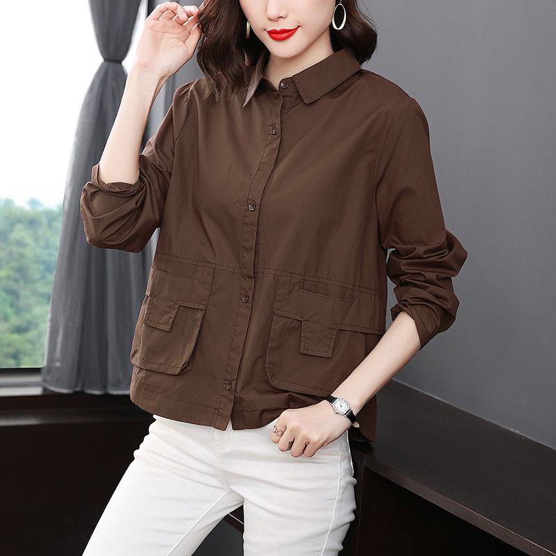Women's Spring 2023 Plus Size Long Sleeve Loose Casual Cotton Shirt for Middle-Aged Moms