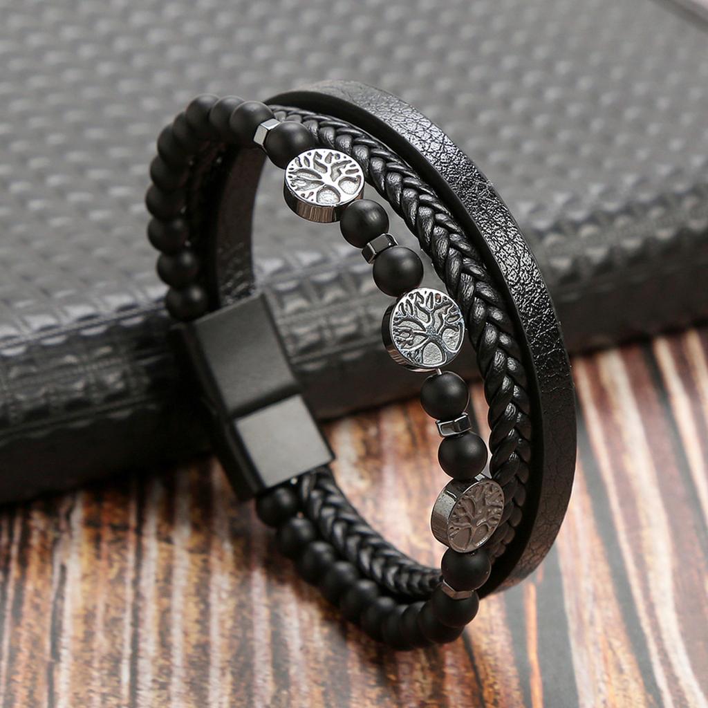 Nordic Viking Bracelets for Men Boys, Black Leather Bracelet Men, Birthday and Christmas Gifts for Dad, Father, Husband, BFF