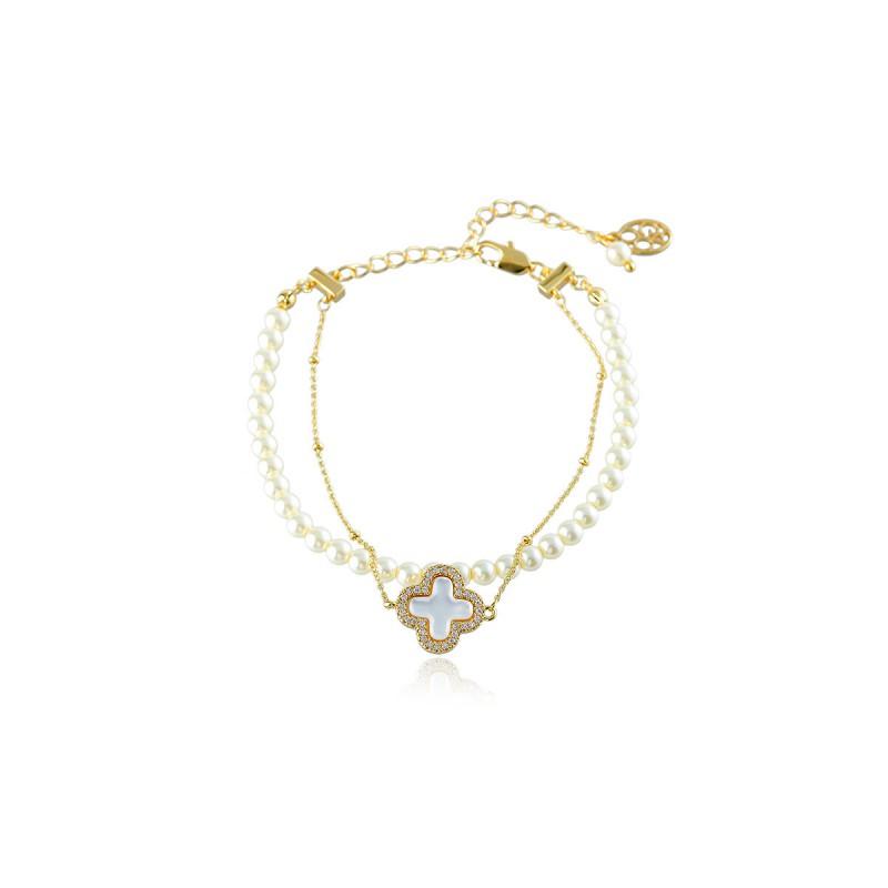 Elegant Double Layer Pearl Clover Bracelet Women Shell Inlay Copper Alloy Electroplated Korean Style Minimalist Jewelry