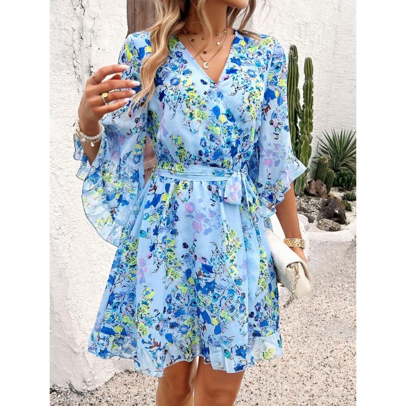 Women's Summer Vacation Casual Printed Lace-up Chiffon Dress