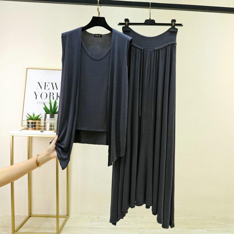 Plus size M to 6XL Modal Pajamas sets Summer Layering Vest Cardigan Top with strawstring Long Skirt Fashion Versatile 2 Piece Outfit