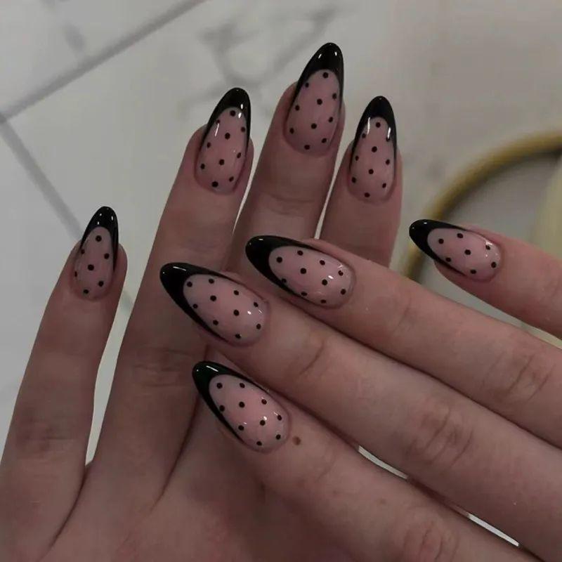 European And American Long Glossy Almond Manicure, Advanced Temperament, Simple French Polka Dot Design, Wearing Nail Piece