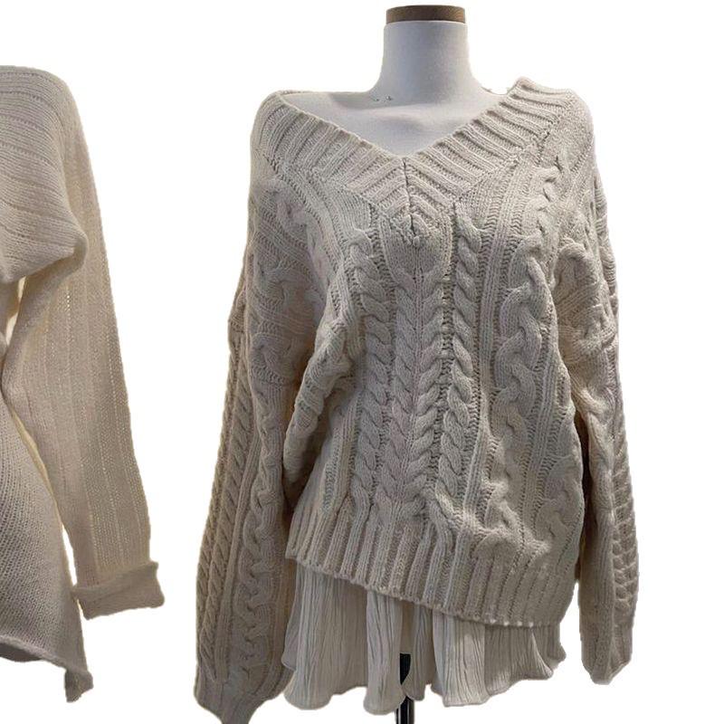 Chic French Casual V-Neck Knit Solid Color Sweater - Autumn/Winter Long Sleeve Design